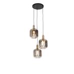 Design hanglamp zwart met goud en smoke glas 3-lichts -, Huis en Inrichting, Lampen | Hanglampen, Nieuw, Glas, Design, 75 cm of meer