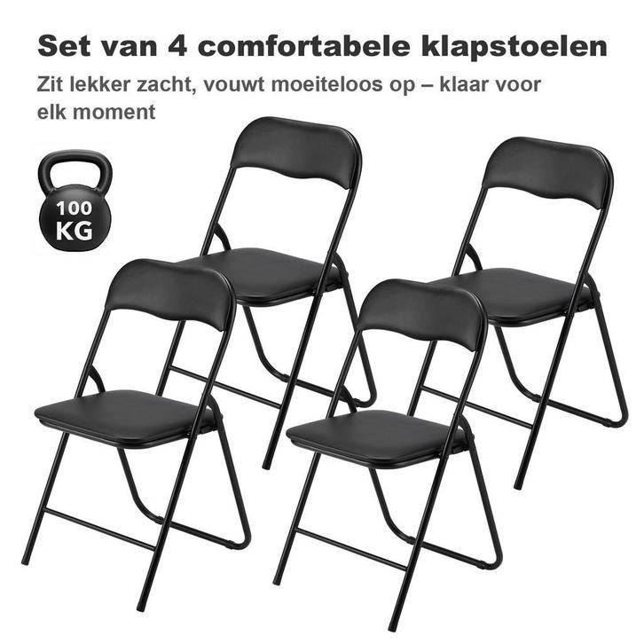 BARDI 4 Stuks Klapstoelen met Kussentjes 100KG - ZWART, Huis en Inrichting, Stoelen, Vier, Zwart, Nieuw, Kunststof, Metaal, Ophalen of Verzenden