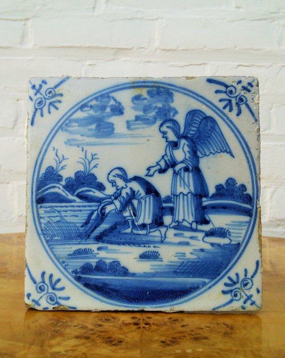 Tegel - Bijbelse tegel - Tobias en de Aartsengel Rafaël aan, Antiek en Kunst, Antiek | Glas en Kristal