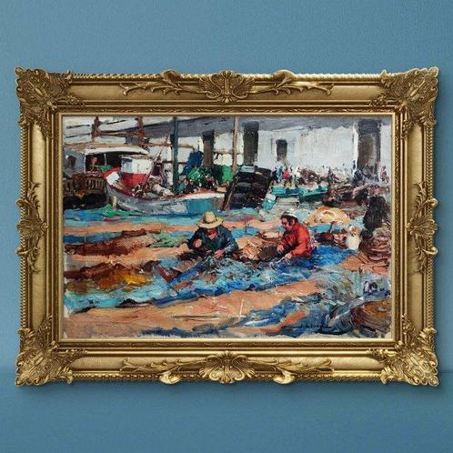Juan Lluna Lerma (1933–2019) - Reparando redes, Antiek en Kunst, Kunst | Schilderijen | Klassiek