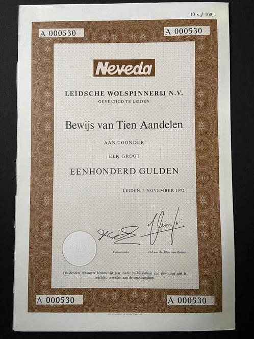 aandelen Leidsche Wolspinnerij, 1972 Leiden, merk NEVADA, Postzegels en Munten, Aandelen en Waardepapieren, Aandeel, 1970 tot heden