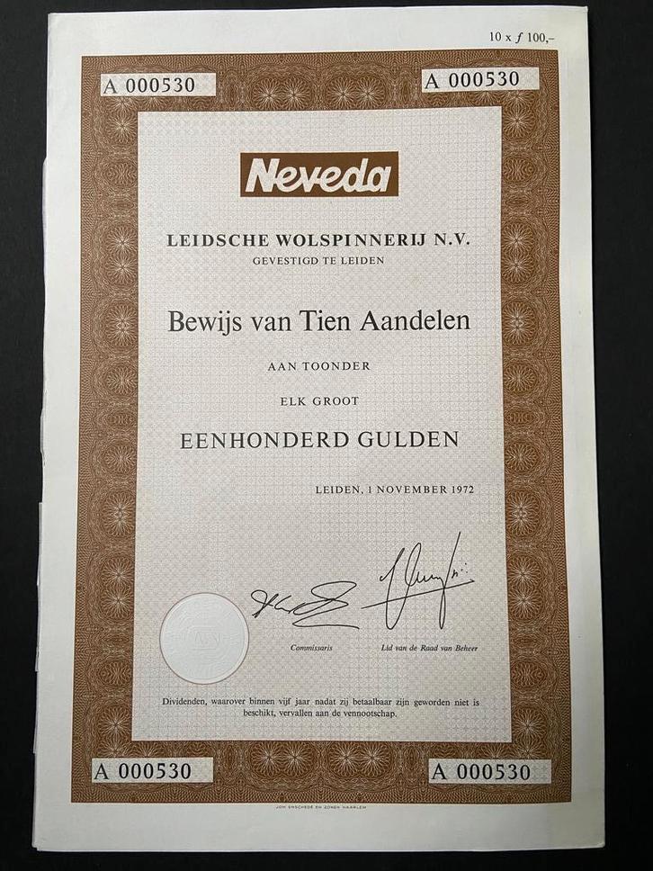 aandelen Leidsche Wolspinnerij, 1972 Leiden, merk NEVADA, Postzegels en Munten, Aandelen en Waardepapieren, Aandeel, 1970 tot heden