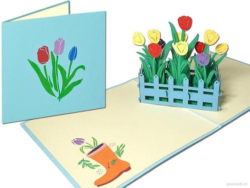 Tuintje met 11 Hollandse Tulpen Bloemen pop-up kaart, Diversen, Wenskaarten, Verzenden