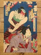 Een antieke drieluik houtblok prent van drie kabuki-acteurs, Antiek en Kunst
