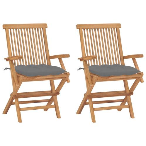 vidaXL Tuinstoelen 2 st met grijze kussens massief teakhout, Tuin en Terras, Tuinstoelen, Nieuw, Teakhout, Verzenden