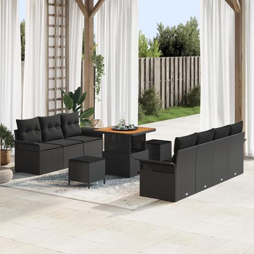 vidaXL 10-delige tuinbankset met kussens - Zwart Poly Rattan, Tuin en Terras, Tuinsets en Loungesets, Nieuw, Hout, Verzenden