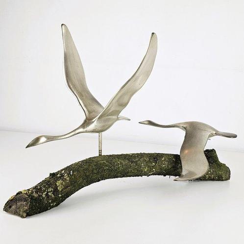 sculptuur, Twee verzilverde messing vogels - 32 cm -, Antiek en Kunst, Curiosa en Brocante