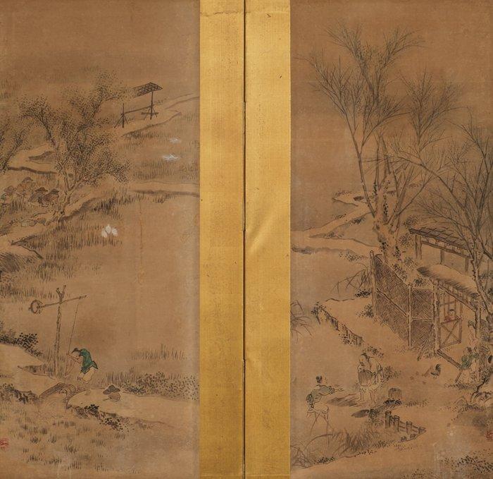Byôbu  (vouwscherm) - Hout, Zijde, Papier - Japan - Taish, Antiek en Kunst, Antiek | Overige Antiek