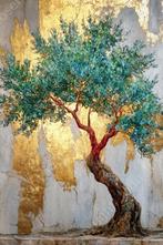 John Joseb Art glasschilderij olijfboom voor muur met goud, Minder dan 50 cm, Verzenden, Nieuw, Schilderij