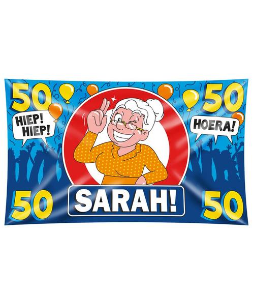 Sarah Gevelvlag 50 Jaar Hoera 1,5m, Hobby en Vrije tijd, Feestartikelen, Nieuw, Verzenden