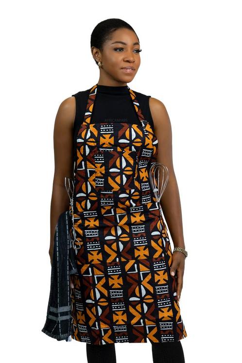 Schort met Afrikaanse print  - Bruine Cross Bogolan, Huis en Inrichting, Keuken | Textiel, Nieuw, Ophalen of Verzenden