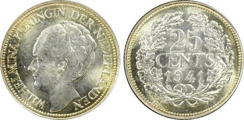 Koningin Wilhelmina 25 cent 1941 MS65 PCGS gecertificeerd, Postzegels en Munten, Munten | Nederland, Losse munt, 25 cent, Koningin Wilhelmina
