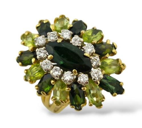 Ring - 18 karaat Geel goud, 18K Goud Diamanten & Tourmalijn, Sieraden, Tassen en Uiterlijk, Ringen
