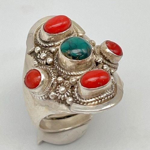 Zonder Minimumprijs - Ring Zilver Koraal - Turquoise, Sieraden, Tassen en Uiterlijk, Ringen