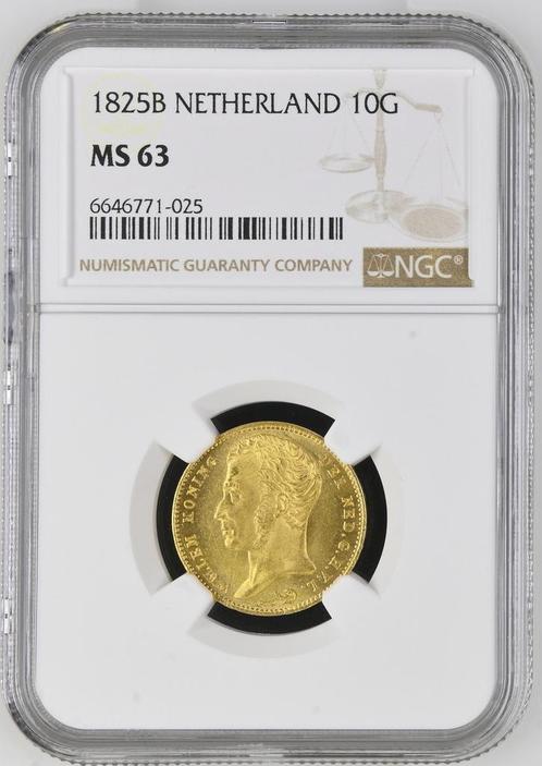 Gouden Koning Willem I 10 Gulden 1825 Brussel MS63 NGC, Postzegels en Munten, Munten | Nederland, Losse munt, 10 gulden, Koning Willem I