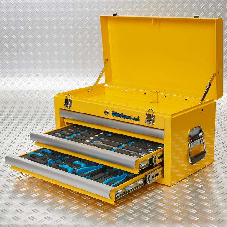 Datona Gereedschapskist drie lades - 2 lades gevuld - geel -, Doe-het-zelf en Verbouw, Gereedschap | Handgereedschap, Nieuw, Ophalen of Verzenden