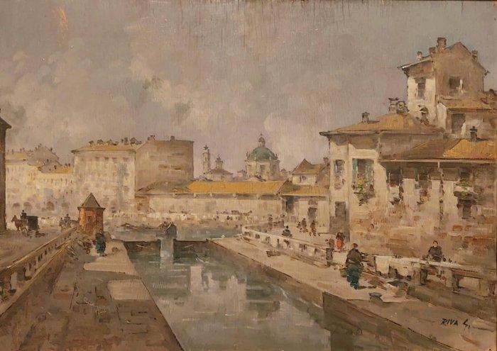 Giuseppe Riva (1890-1973) - Il Naviglio a Milano, Antiek en Kunst, Kunst | Schilderijen | Klassiek