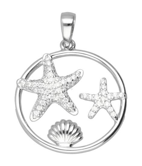 Zilveren Zeesterren met schelp en kristallen in ring, Sieraden, Tassen en Uiterlijk, Kettinghangers, Verzenden