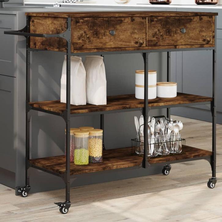 vidaXL Keukentrolley 105x42x95 cm bewerkt hout gerookt, Huis en Inrichting, Keuken | Keukenbenodigdheden, Nieuw, Verzenden