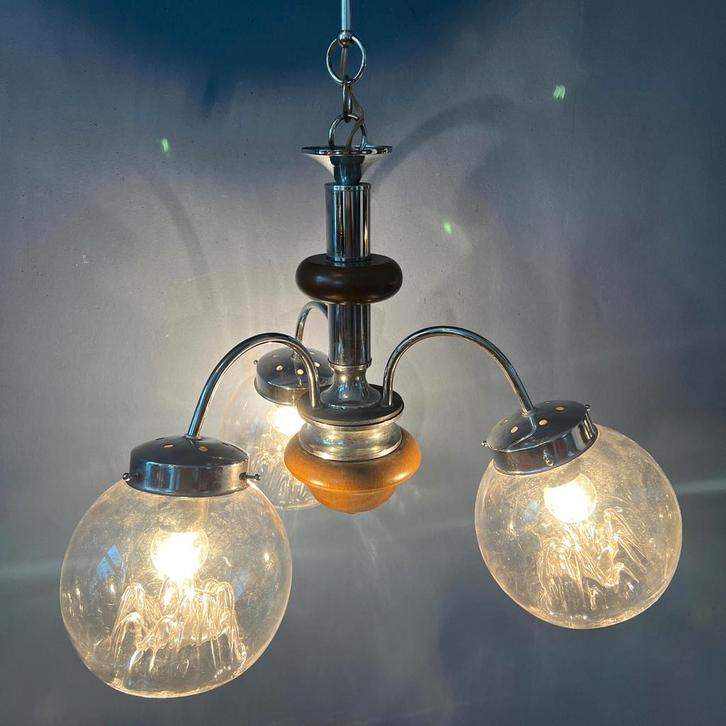 Vintage Clear Glass Murano Chandelier With Chrome Frame, Huis en Inrichting, Lampen | Hanglampen, Nieuw, Ophalen of Verzenden