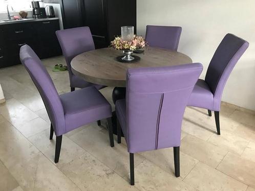 Set van 5 leren eetkamerstoelen - met houten poten - paars l, Huis en Inrichting, Stoelen, Overige kleuren, Nieuw, Leer, Ophalen of Verzenden