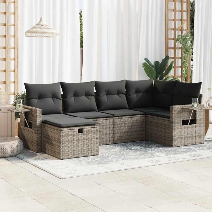 vidaXL 6-delige Loungeset met kussens poly rattan grijs, Tuin en Terras, Tuinsets en Loungesets, Loungeset, Nieuw, 6 zitplaatsen