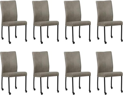 Grijze leren moderne eetkamerstoel - poot vierkant zwart met, Huis en Inrichting, Stoelen, Overige kleuren, Nieuw, Leer, Ophalen of Verzenden