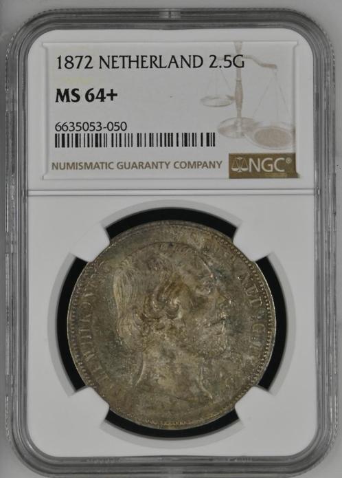 Koning Willem III 2 1/2 Gulden 1872 MS64+ NGC gecertificeerd, Postzegels en Munten, Munten | Nederland, Losse munt, Zilver, Verzenden