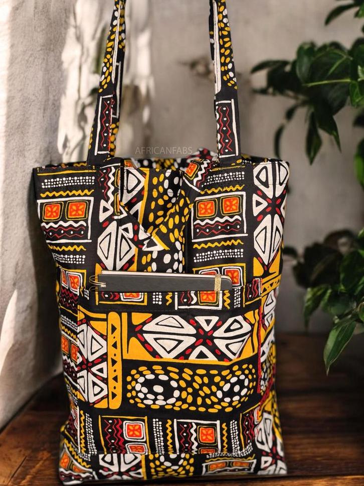 Shopper tas met Afrikaanse print - Gele Bogolan - Herbruikba, Sieraden, Tassen en Uiterlijk, Tassen | Damestassen, Nieuw, Ophalen of Verzenden