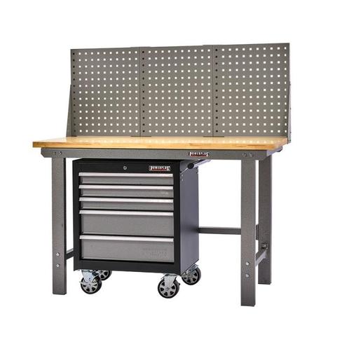 Werkbank grijs 150 cm met hardhouten blad +, Doe-het-zelf en Verbouw, Werkbanken, Ophalen of Verzenden