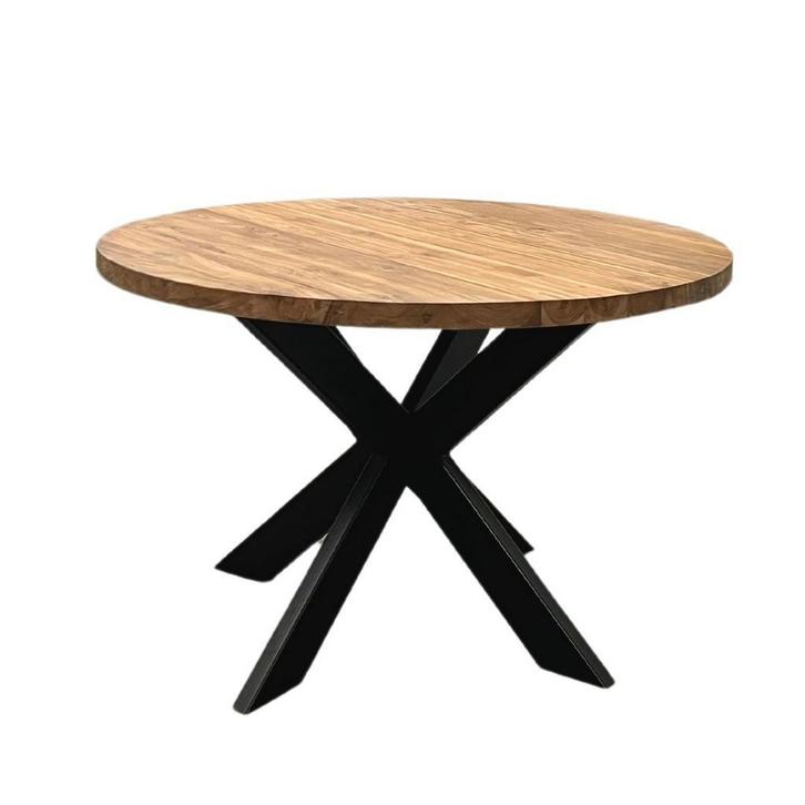 Ronde teak tafel metalen kruispoot op voorraad; Indoteak, Huis en Inrichting, Tafels | Eettafels, 100 tot 150 cm, 100 tot 150 cm