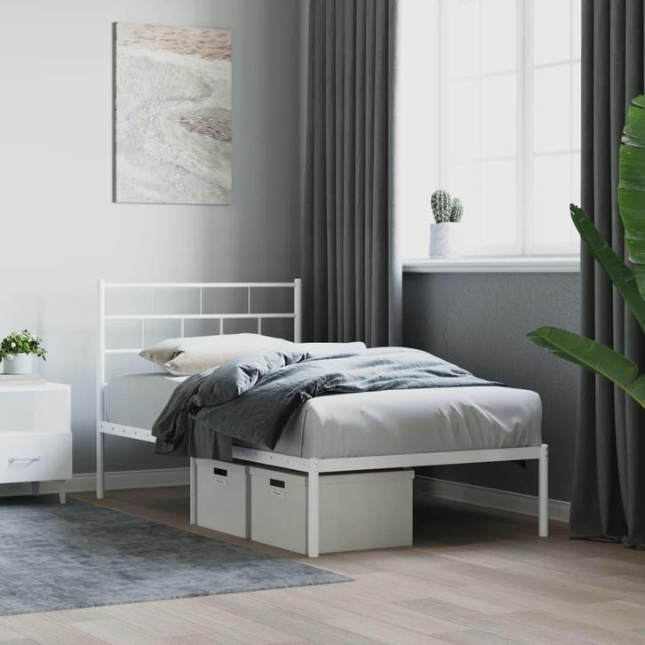 vidaXL Bedframe met hoofdbord metaal wit 90x200 cm, Huis en Inrichting, Slaapkamer | Bedden, 90 cm, 200 cm, Wit, Eenpersoons, Nieuw