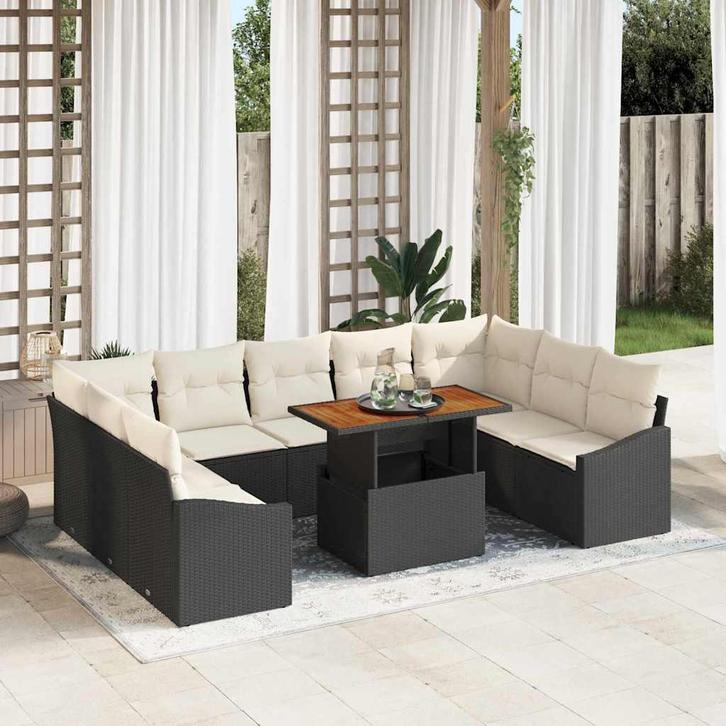 vidaXL Tuin Eetset met kussen 10 pcs Zwart en Crème 100 x 55, Tuin en Terras, Tuinsets en Loungesets, Nieuw, Rotan, Verzenden