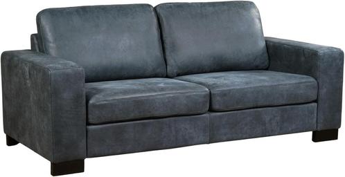 Blauwe leren moderne 2.5-zitsbank - poot hout bruin - Kenia, Huis en Inrichting, Banken | Bankstellen, 200 tot 250 cm, 75 tot 100 cm