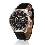 Luxe Heren Horloge - Kwarts Uurwerk Leren Bandje Rose Gold, Verzenden, Nieuw, Geneva
