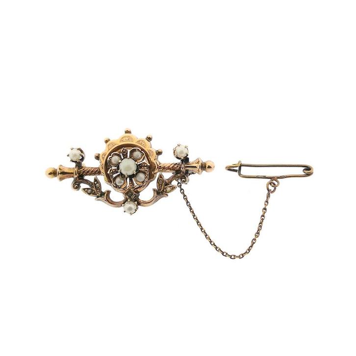 Antiek gouden broche met parel | Victoriaans (vintage), Sieraden, Tassen en Uiterlijk, Broches, Overige kleuren, Gebruikt, Met edelsteen