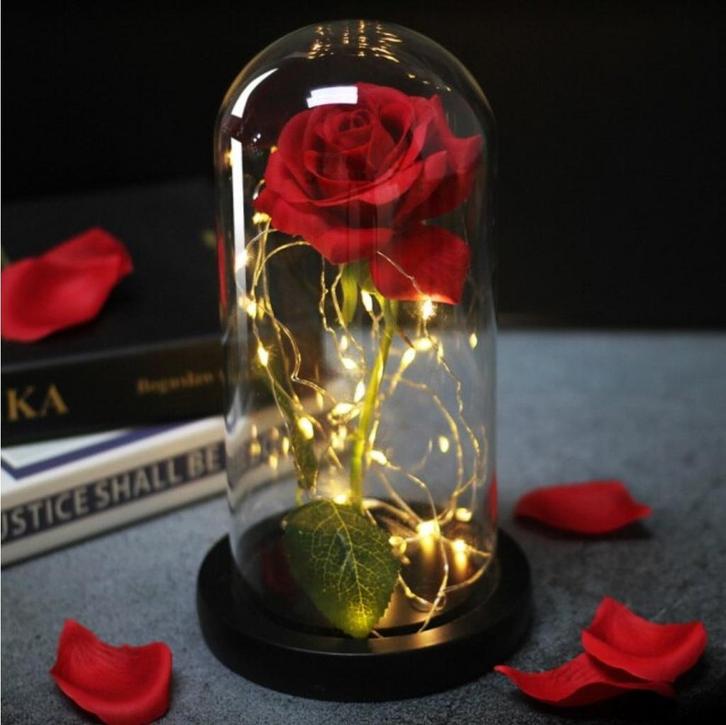 Kunst Roos in Glazen Stolp met Verlichting - Zijden Rozen, Huis en Inrichting, Woonaccessoires | Kunstplanten en Kunstbloemen