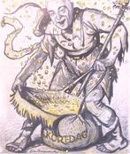 Colijn(?) met een bedelzak op spotprent (lijst optie), Antiek en Kunst, Kunst | Litho's en Zeefdrukken, Verzenden
