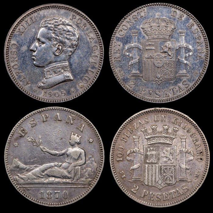 Spanje. Primera Republica y Alfonso XIII. 2 Pesetas, Postzegels en Munten, Munten | Europa | Niet-Euromunten