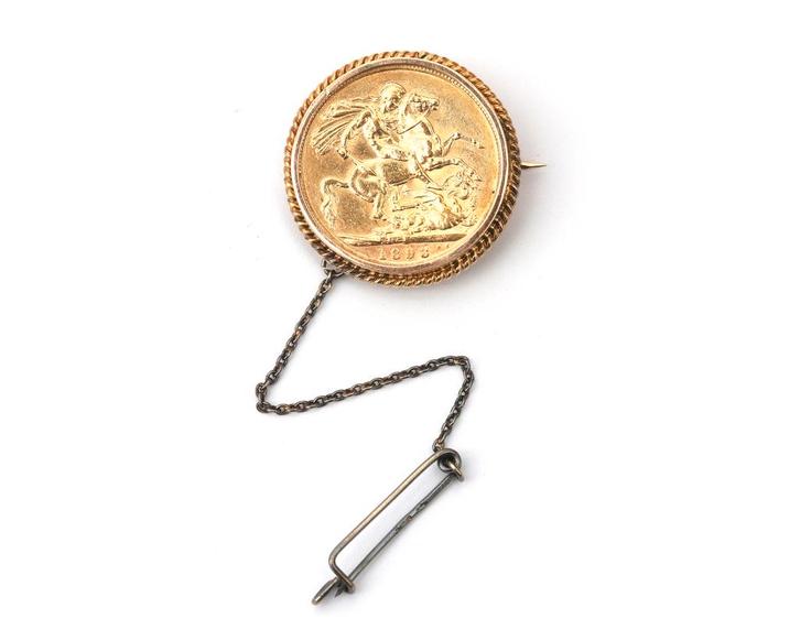14 krt geelgouden muntbroche 1 Sovereign Victoria 1893-1901, Sieraden, Tassen en Uiterlijk, Broches, Gebruikt