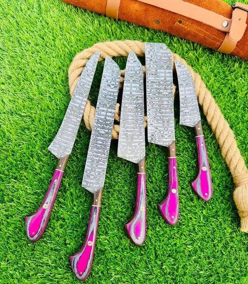 Gold Deer - 5 Piece professional knives set - Hammered Steel, Antiek en Kunst, Antiek | Keukenbenodigdheden