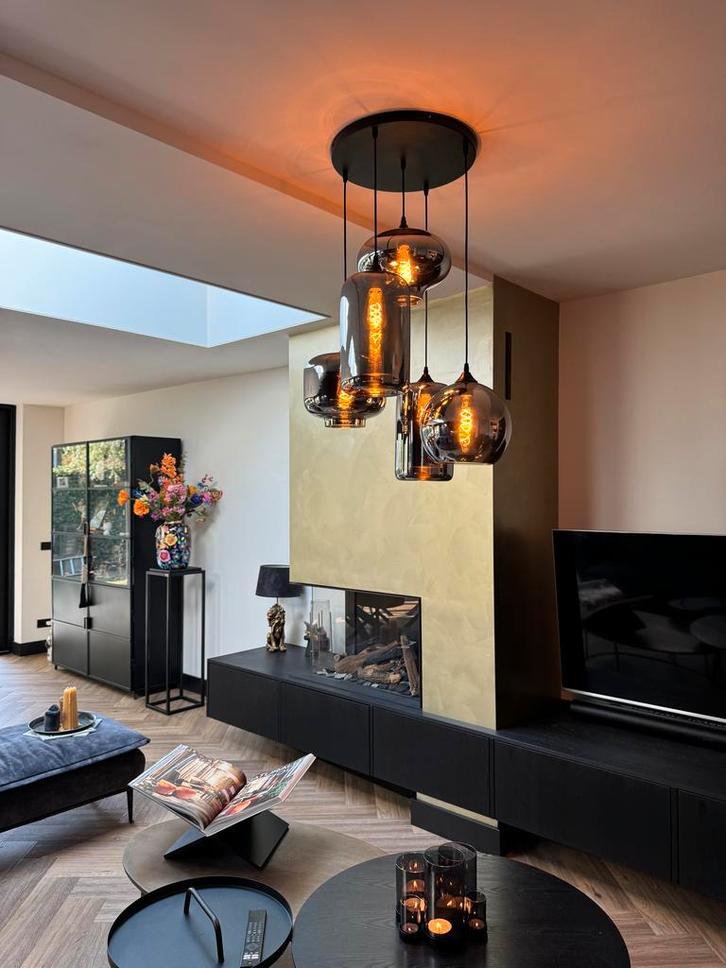 Hanglamp 5-Lichts Mix | Rookglas | Industrieel | Woonkamer |, Huis en Inrichting, Lampen | Hanglampen, Nieuw, Glas, Metaal, Verzenden