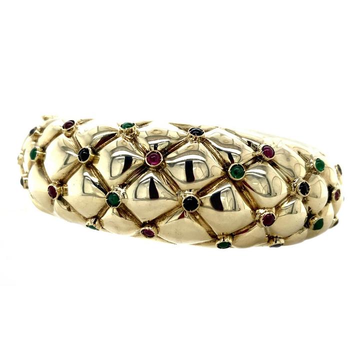 Vintage bangle met robijn, saffier en smaragd 12 krt, Sieraden, Tassen en Uiterlijk, Armbanden, Nieuw, Ophalen of Verzenden