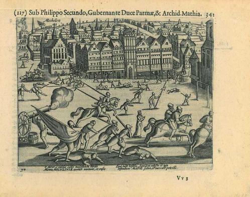 Historische prent van Mechelen, Antiek en Kunst, Kunst | Etsen en Gravures