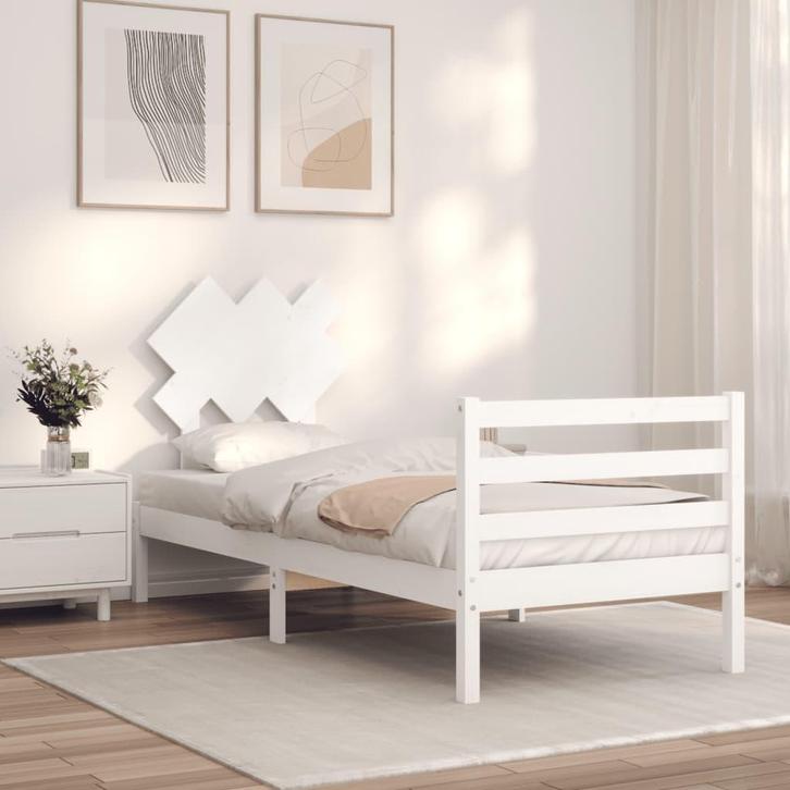vidaXL Bedframe met hoofdbord massief hout wit 90x200 cm, Huis en Inrichting, Slaapkamer | Bedden, 90 cm, 200 cm, Wit, Eenpersoons