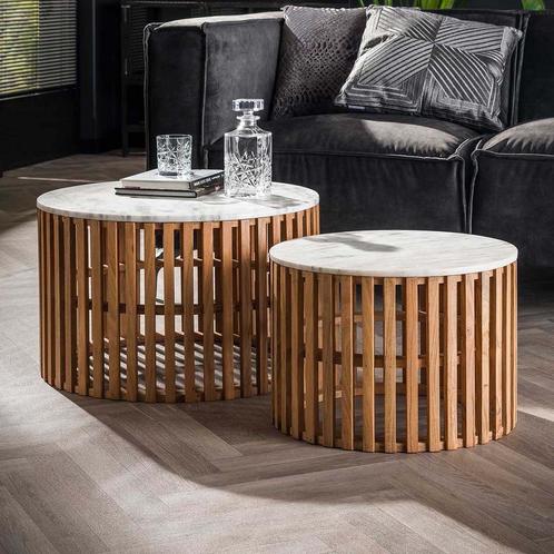 *WOONWINKEL* Ronde Salontafel Hout Met Wit Marmer, Huis en Inrichting, Tafels | Salontafels, Nieuw, Verzenden