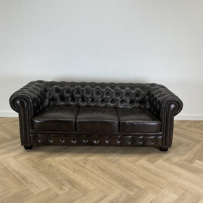 Vintage Chesterfield 3-zitsbank, donker bruin - leer, Huis en Inrichting, Stoelen, Eén, Gebruikt, Leer, Ophalen of Verzenden