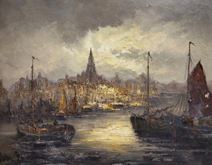 Peter Brouwer (1935) - Hafenansicht Amsterdam, Antiek en Kunst, Kunst | Schilderijen | Klassiek