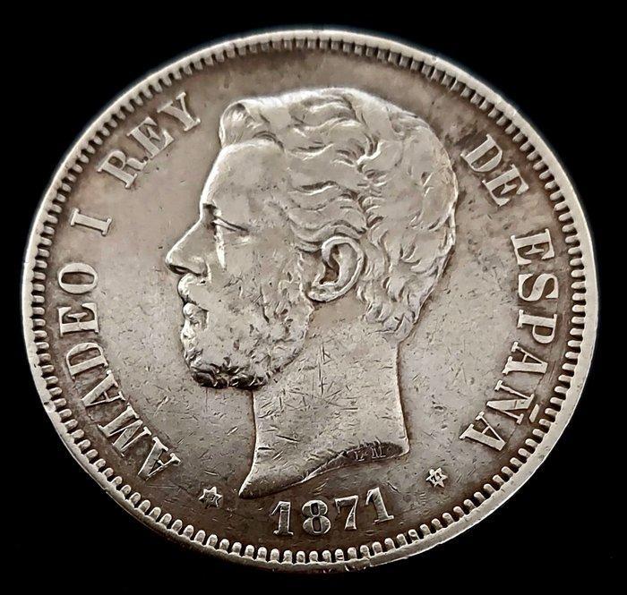 Spanje. Amadeo I. 5 Pesetas 1971*71 SDM Variante columna, Postzegels en Munten, Munten | Europa | Niet-Euromunten