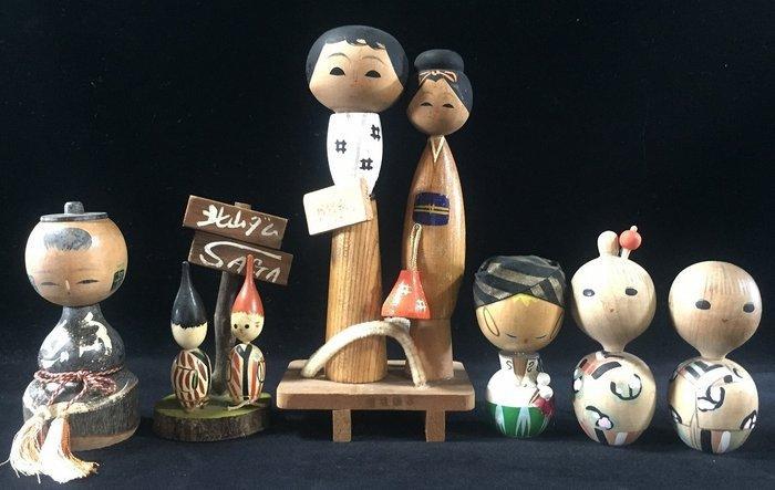 Set van 6 / Japanse vintage houten Kokeshi poppen (hoogte:, Antiek en Kunst, Antiek | Speelgoed